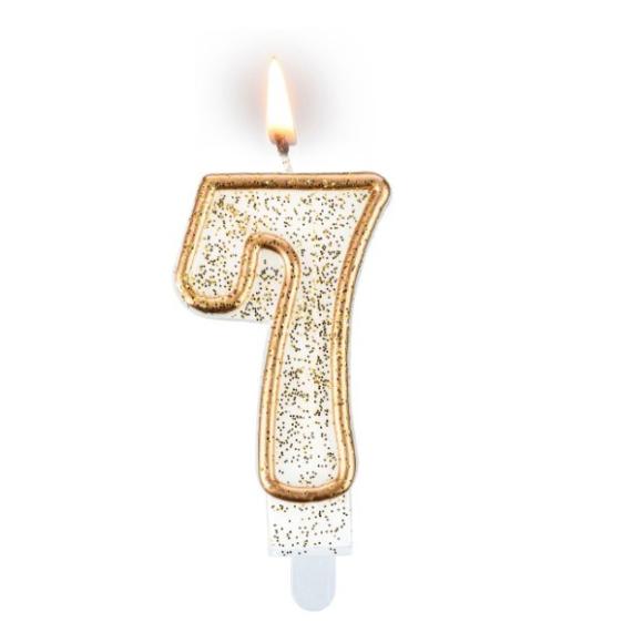 Złoto biała świeczka z brokatem cyferka 7 z podstawką 7,5cm 1szt (1)