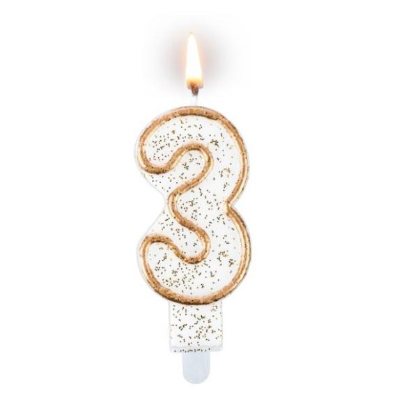 Złoto biała świeczka z brokatem cyferka 3 z podstawką 7,5cm 1szt (1)