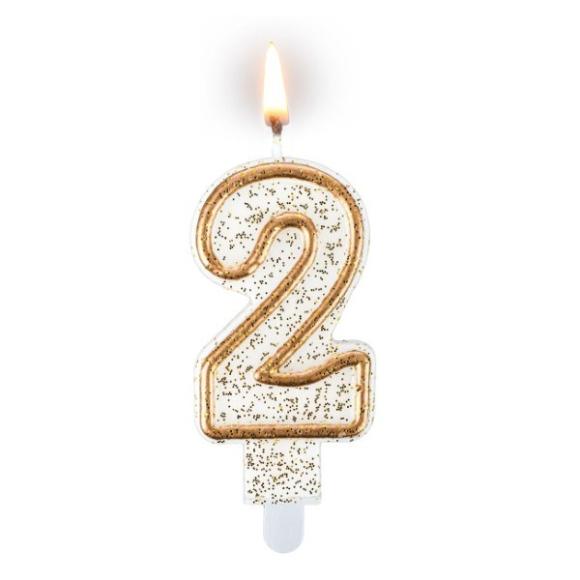 Złoto biała świeczka z brokatem cyferka 2 z podstawką 7,5cm 1szt (1)