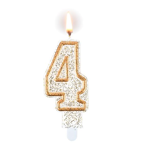 Złoto biała świeczka z brokatem cyferka 4 z podstawką 7,5cm 1szt (1)