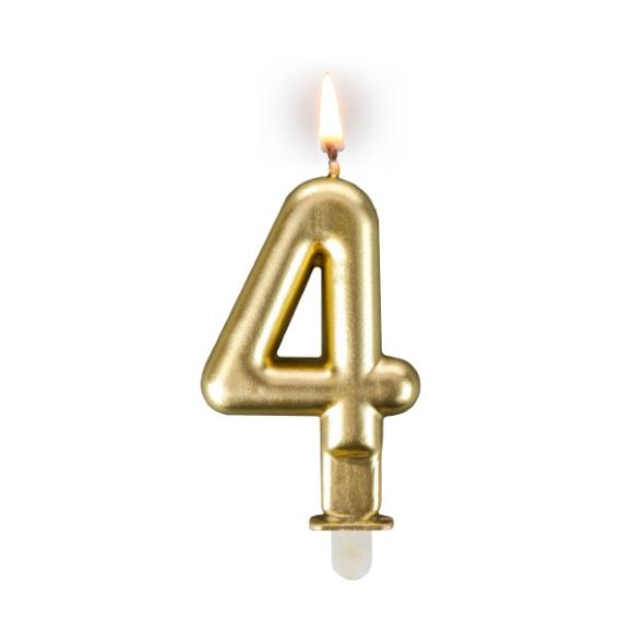 Złota świeczka urodzinowa z cyferką 4 7,5cm + podstawka 1szt (1)