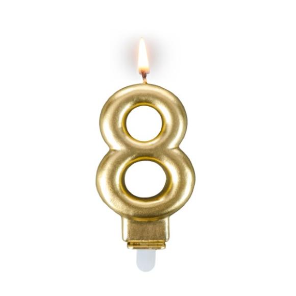 Złota świeczka urodzinowa z cyferką 8 7,5cm + podstawka 1szt (1)