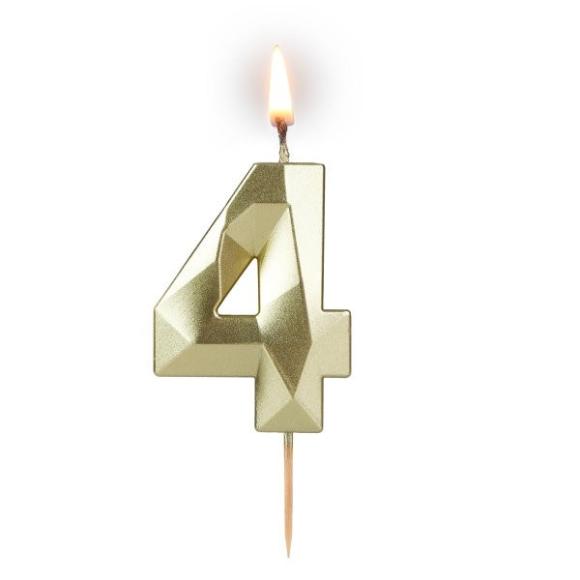 Świeczka złota diamentowa z cyferką 4 5,8cm Diament Złota 1szt (1)