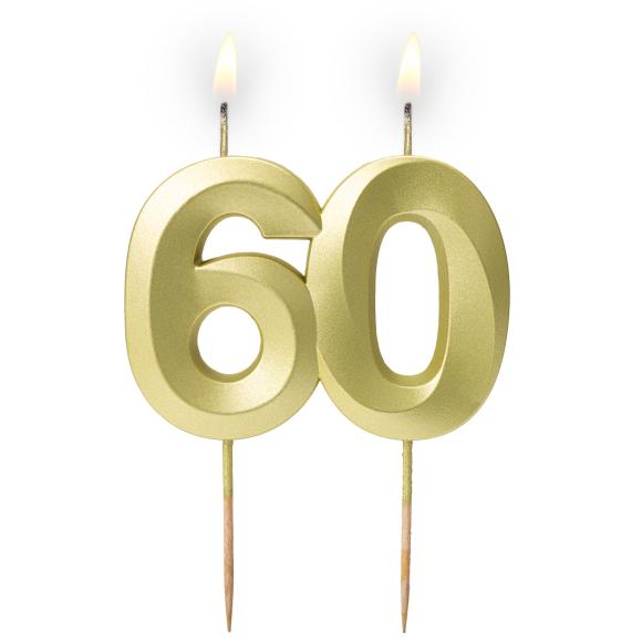 Złota satynowa świeczka urodzinowa 60 5,9 cm + podstawka 1szt (1)