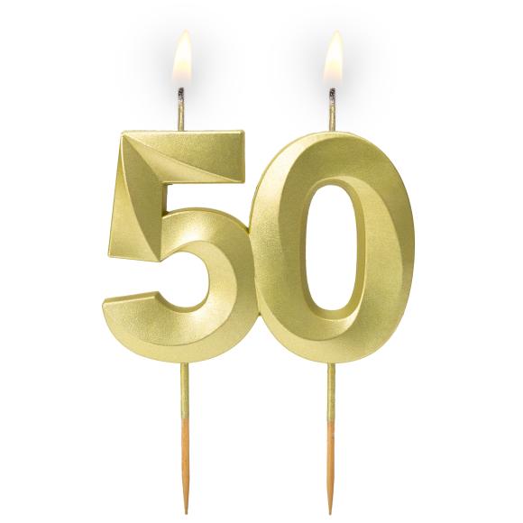 Złota satynowa świeczka urodzinowa 50 5,9 cm + podstawka 1szt (1)