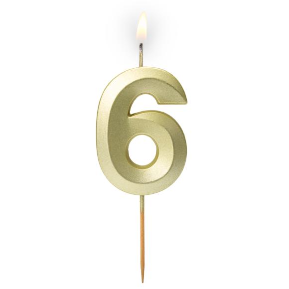 Złota satynowa świeczka urodzinowa z cyferką 6 5,9 cm + podstawka 1szt (1)