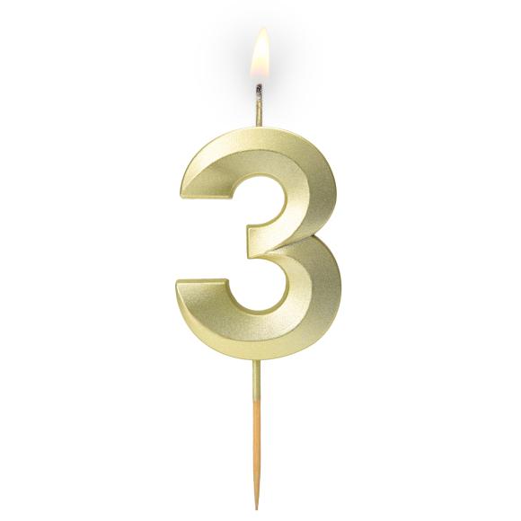 Złota satynowa świeczka urodzinowa z cyferką 3 5,9 cm + podstawka 1szt (1)