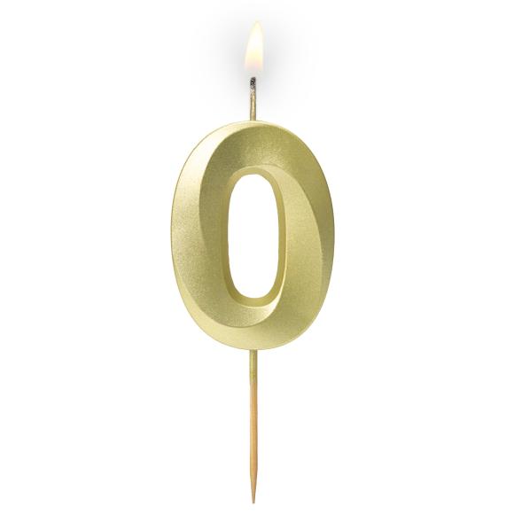 Złota satynowa świeczka urodzinowa z cyferką 0 5,9 cm + podstawka 1szt (1)
