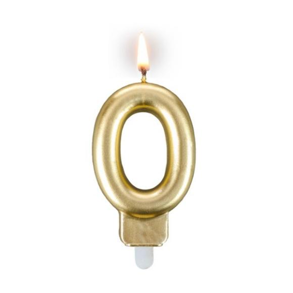Złota świeczka urodzinowa z cyferką 0 7,5cm + podstawka 1szt (1)