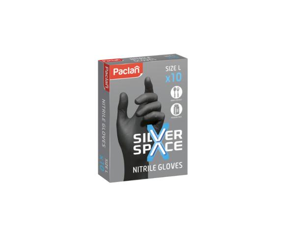 Rękawice nitrylowe bezpudrowe CZARNE Paclan Silver Space rozmiar M 10szt. (1)