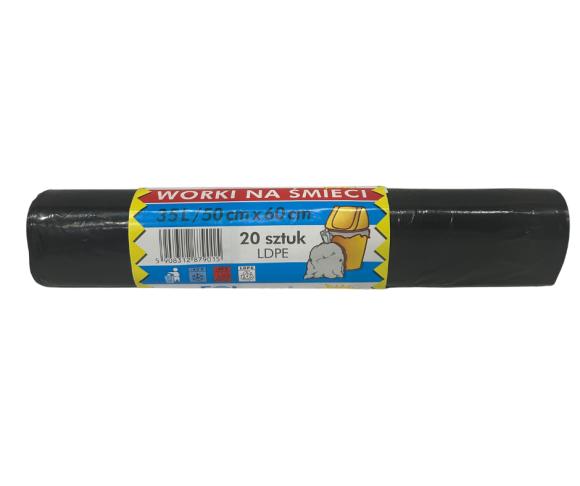 Worki sanitarne na śmieci LDPE CZARNE MOCNE 50x60cm 35L 20 szt. (1)