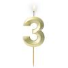 Obrazek dla: Złota satynowa świeczka urodzinowa z cyferką "3" 5,9 cm + podstawka 1szt