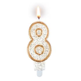 Obrazek dla: Złoto biała świeczka z brokatem cyferka "8" z podstawką 7,5cm 1szt
