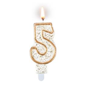 Obrazek dla: Złoto biała świeczka z brokatem cyferka "5" z podstawką 7,5cm 1szt