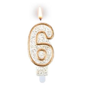 Obrazek dla: Złoto biała świeczka z brokatem cyferka "6" z podstawką 7,5cm 1szt