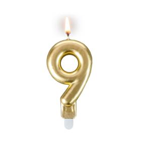 Obrazek dla: Złota świeczka urodzinowa z cyferką "9" 7,5cm + podstawka 1szt