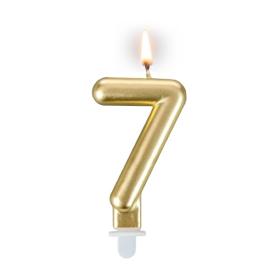 Obrazek dla: Złota świeczka urodzinowa z cyferką "7" 7,5cm + podstawka 1szt