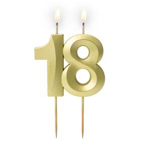 Obrazek dla: Złota satynowa świeczka urodzinowa "18" 5,9 cm + podstawka 1szt
